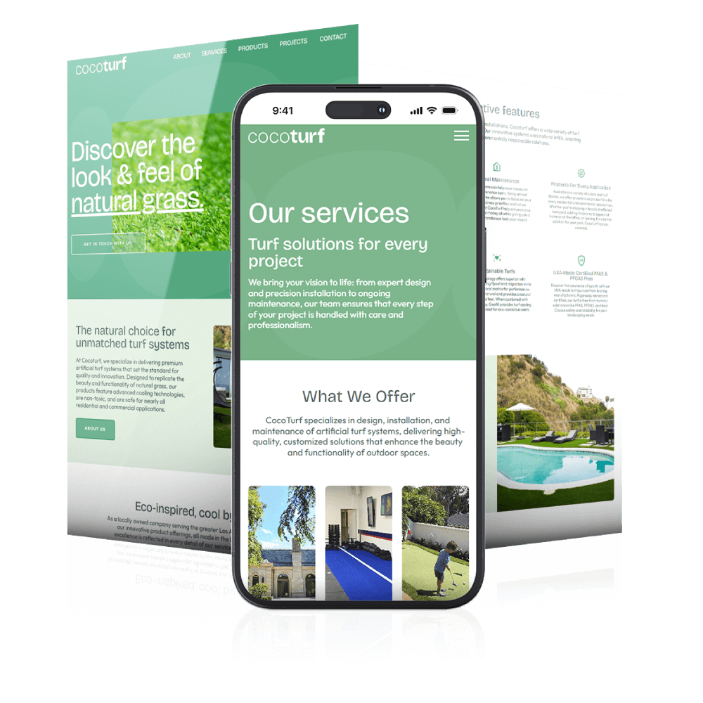 Responsive Cocoturf website mockup shown on a smartphone with a desktop layout in the background